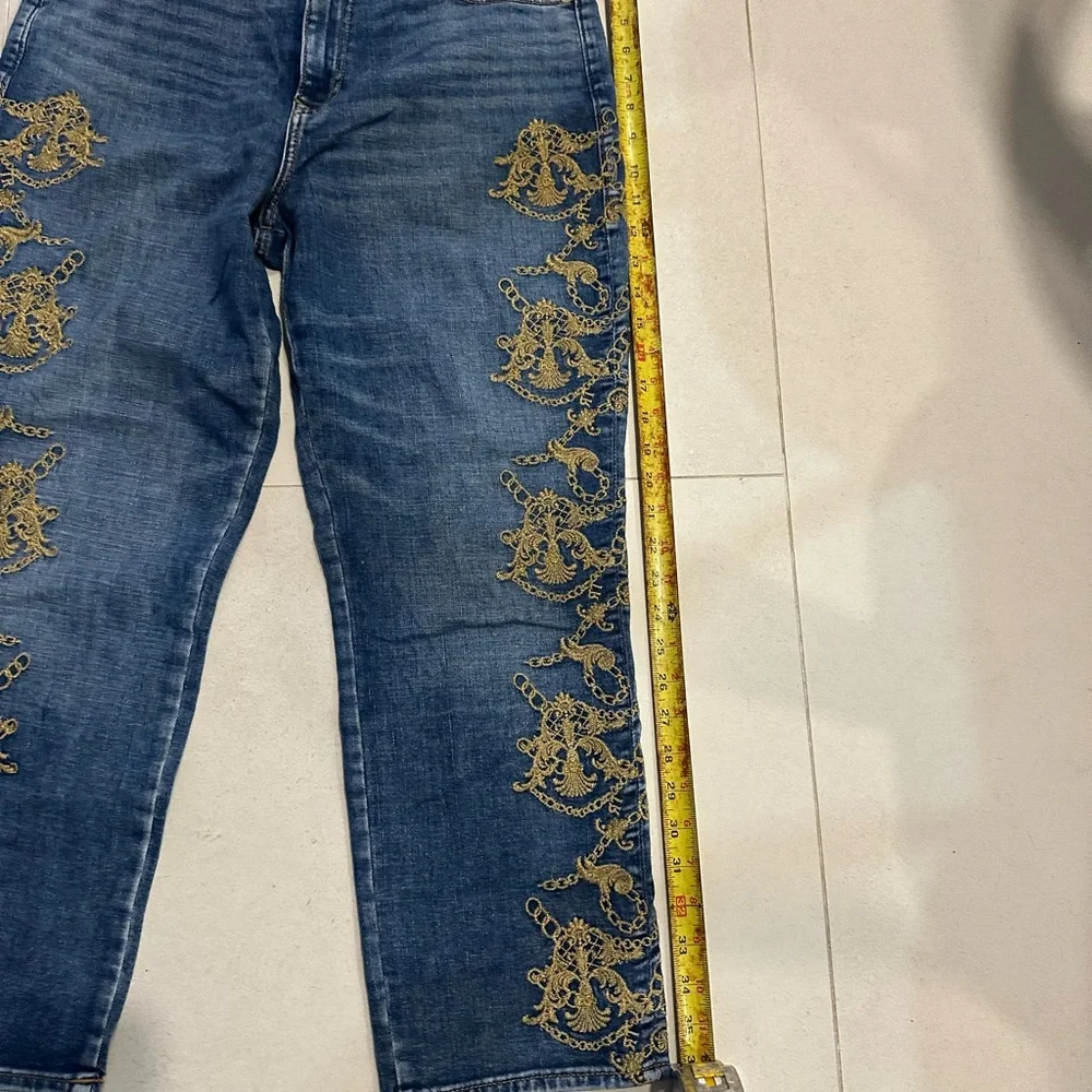 True Religion Women's Halle High-Rise Slim Straight Leg Fit Jean W/Gold Lurex 32 - Picture 2 of 6